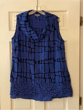 Habitat XL Sleeveless Cowl Neck Tunic Top Blue Black Lagenlook Artsy Art To Wear